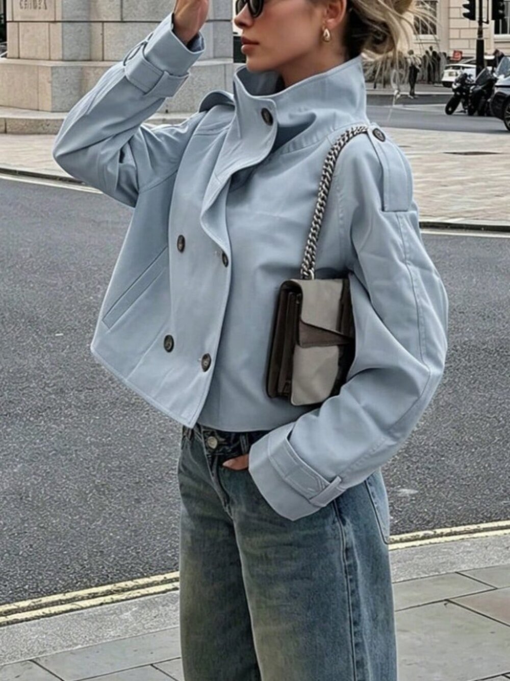 Baby Blue Casual Women's Double-Breasted Long Sleeve Jacket